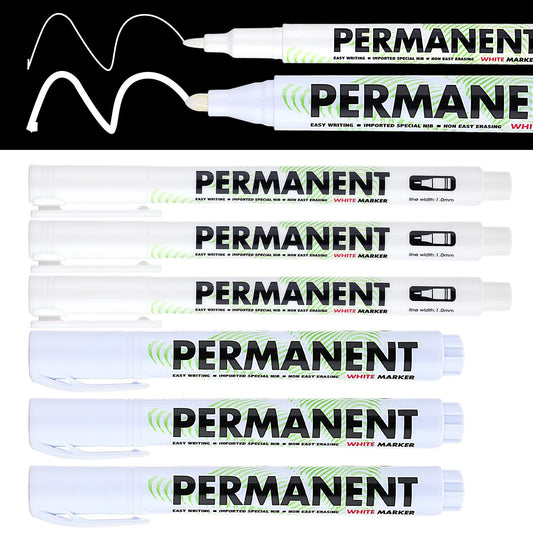 COMNICO 6pcs White Acrylic Paint Pens Marker, Water-based Fine Tip(1mm) and Oil-based Medium Tip (3mm) for Rock Painting Canvas Glass Ceramic Stone Fabric Wood Metal & Plastic