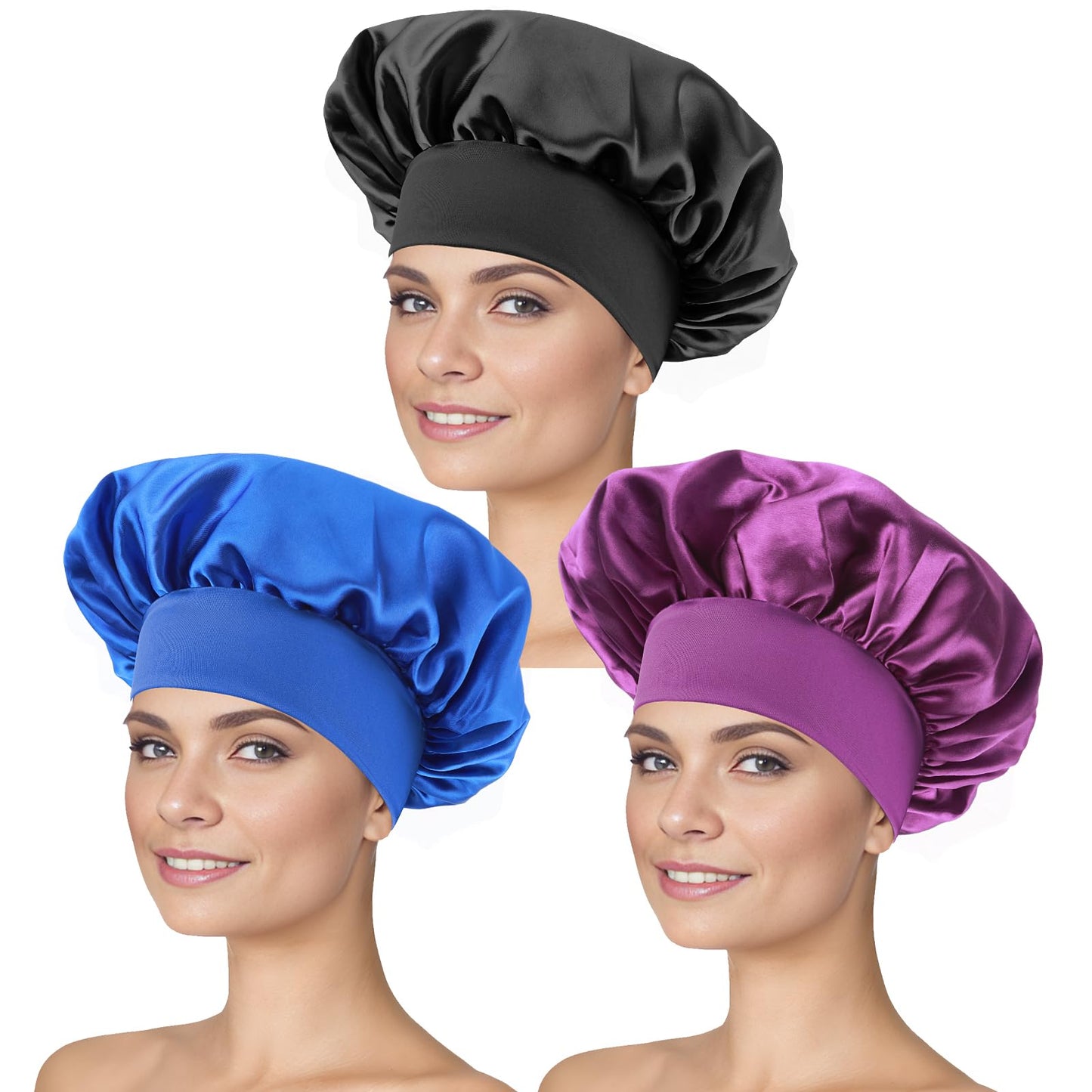 3PCS Large Satin Bonnet for Sleeping, Silk Bonnet for Black Women with Elastic Wide Band, Sleep Bonnet Sleep Cap Adjustable Night Hair Cap Hair Bonnets for Hair Curly Hair Sleeping Natural Hair