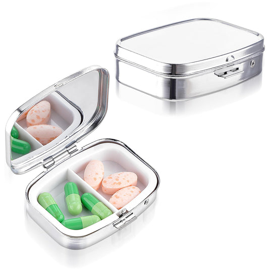 Sibba 2 Compartment Pill Box, Stainless Steel Travel Box Organizer for Tablets and Prescriptions, Cute Pill Organizer Box, Multi-Functional Moisture Proof Pill Box for Purse & Pocket