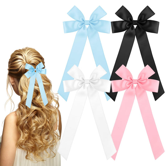 Sibba Women Bow Hair Clip with Long Tail 4PCS Hair Bow Ribbon Clips Hair Tassel Bowknot Hairpins for Girls Alligator Hair Barrettes with Bow Vintage Hair Dress Up Decor for Wedding Party Multicolor