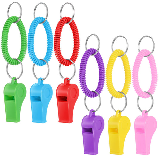 Dimeho 6Pcs Sport Whistle with Bracelet, Loud Clear Plastic Whistles with Stretchable Coil Wrist Keychain Rings for Referees Teacher Lifeguard Survival Emergency Training Soccer Hiking Whistle