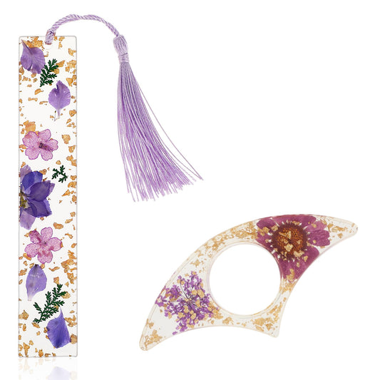 Dimeho 2 Pcs Book Page Holder Dried Flower Resin Thumb Press Book Mark with Tassel Clear Cute Book Marking Holder Reading Accessories Gift for Women Bookworms Readers Literary Students Teacher(Purple)