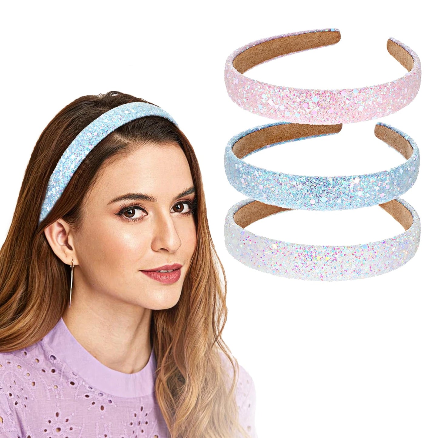 Sibba Glitter Headband For Women 3 PCS Bling Gems Hair Bands Dressy Sparkly Sequin Hair Loops Bling Hairband Hairstyle Headpiece Elegant Pretty Formal Party Headdress Girls Jewelry