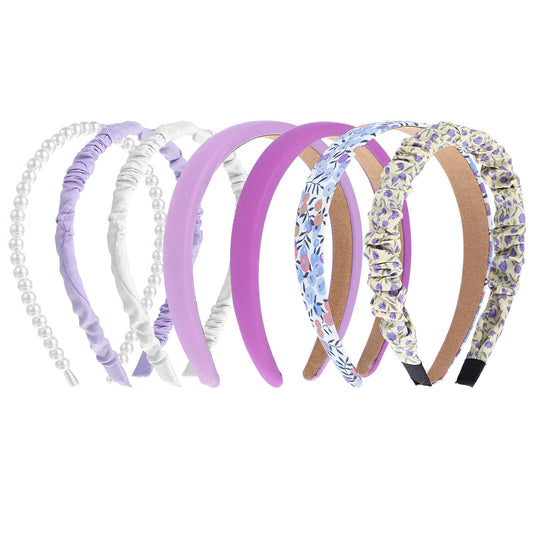 COMNICO Fashion Headbands for Women,7Pcs Non Slip Flower Headband Pearl Headbands Twisted Headband Wide Thin Headbands Different Designs Purple Head Bands Set Different Pattern for Women Girls