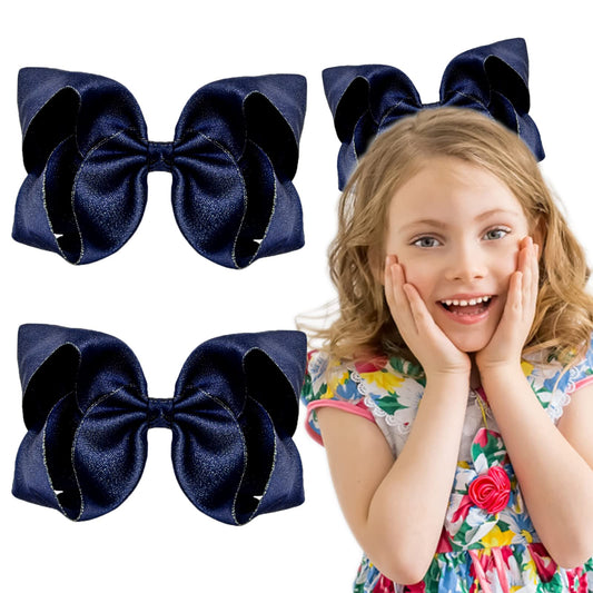 Sibba Bows Barrettes Hair Alligator Clips Hairpin 6 Inches Non-slip Kawaii Big Fabric Hairbows Styling Accessories For Girls Baby Toddler Decorating Braids Ponytails Birthday Party (2 PCS Dark Blue)