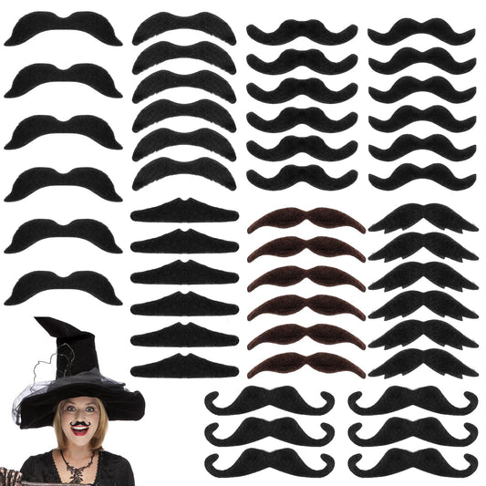 Sibba Fake Mustaches, 48Pcs Self Adhesive Fake Mustache Set, Novelty Mustaches for Costume, Halloween, Festival, Masquerade Party Black, Black, One Size