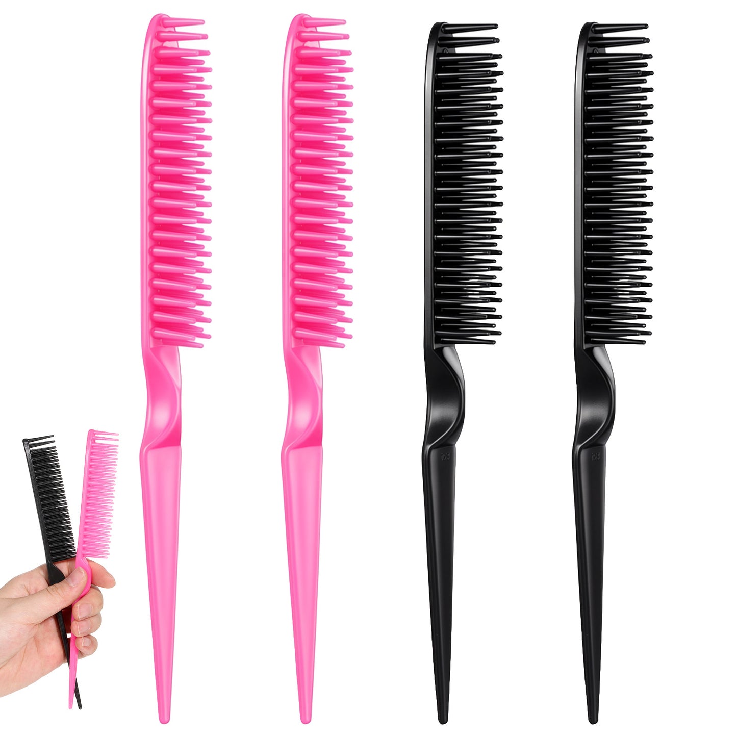 YUXIANLB 4pcs 9 Inch Rat Tail 3 Row Comb, Teasing Brush Pick Styling Parting Lightweight Styling Hair Sectioning Fine Tooth Flexible Comb Tools Appliances for Braiding Smooth Detangling Defining Curls