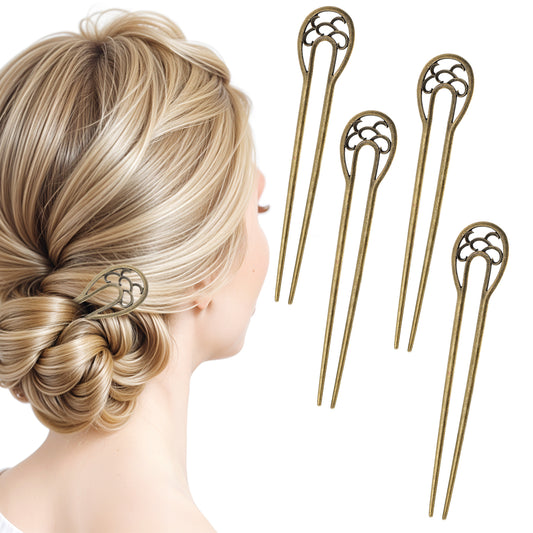 Wanmu 4Pcs U Shaped Hair Pins, Large Metal French Style HairPins, Simple Vintage Hair Fork Sticks for Thick Hair, 2 Prong Updo Chignon Pin for Women Girls Hairstyle Accessories