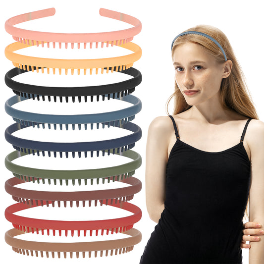 COMNICO Plastic Headbands, 9Pcs Teeth Comb Headband Thin Hair Bands with Teeth Non-Slip Hairbands Colorful Hair Comb Head Bands Hair Accessories for Women Girls