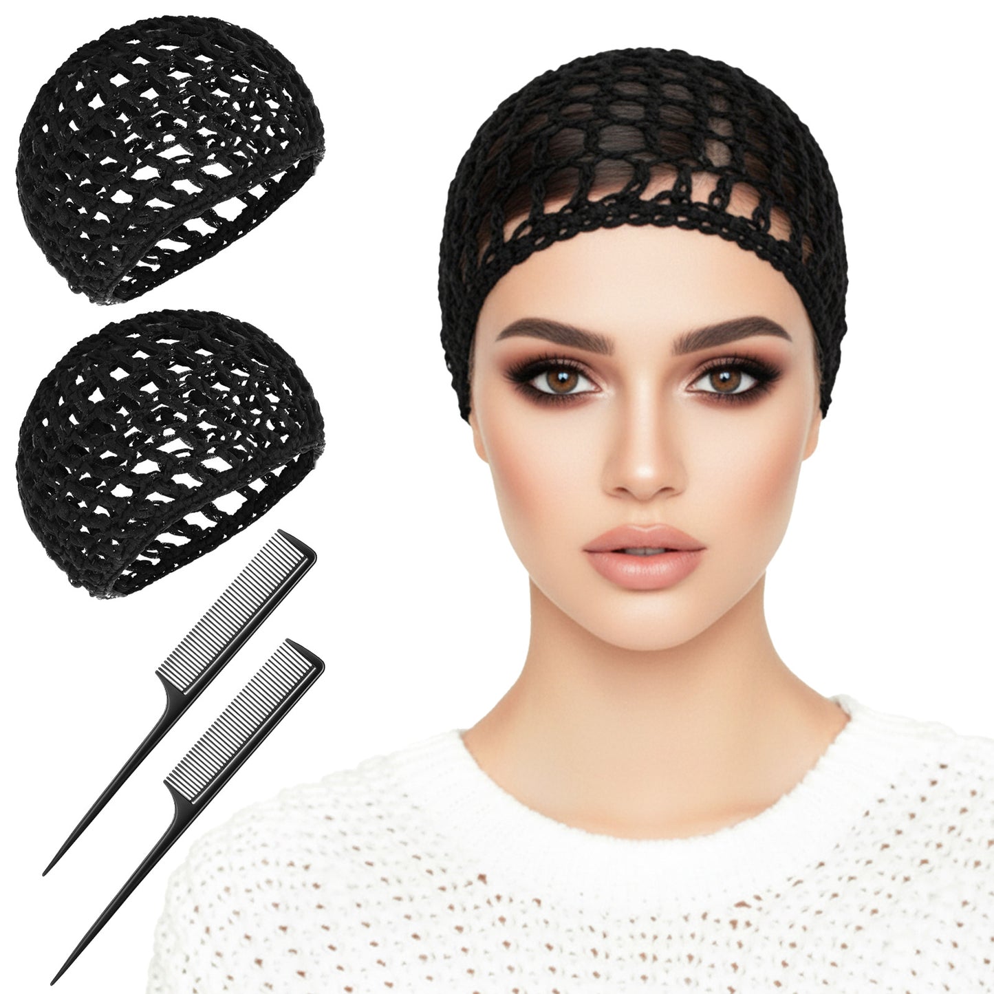 Sibba 2 PCS Crochet Hair Net with Rat Tail Combs, Woman Elastic Hairnet Cover Shower Caps Mesh Hair Wrap Cap Breathable Knit Snoods Hat, Weaving Sew Crocheted Sleep Caps for Long Short Straight Curls