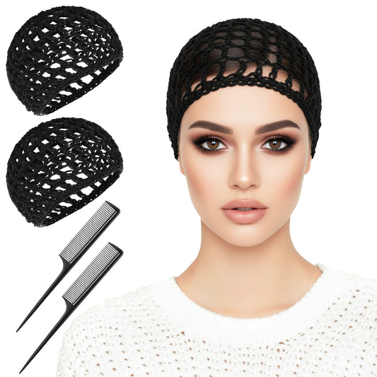 Sibba 2 PCS Crochet Hair Net with Rat Tail Combs, Woman Elastic Hairnet Cover Shower Caps Mesh Hair Wrap Cap Breathable Knit Snoods Hat, Weaving Sew Crocheted Sleep Caps for Long Short Straight Curls