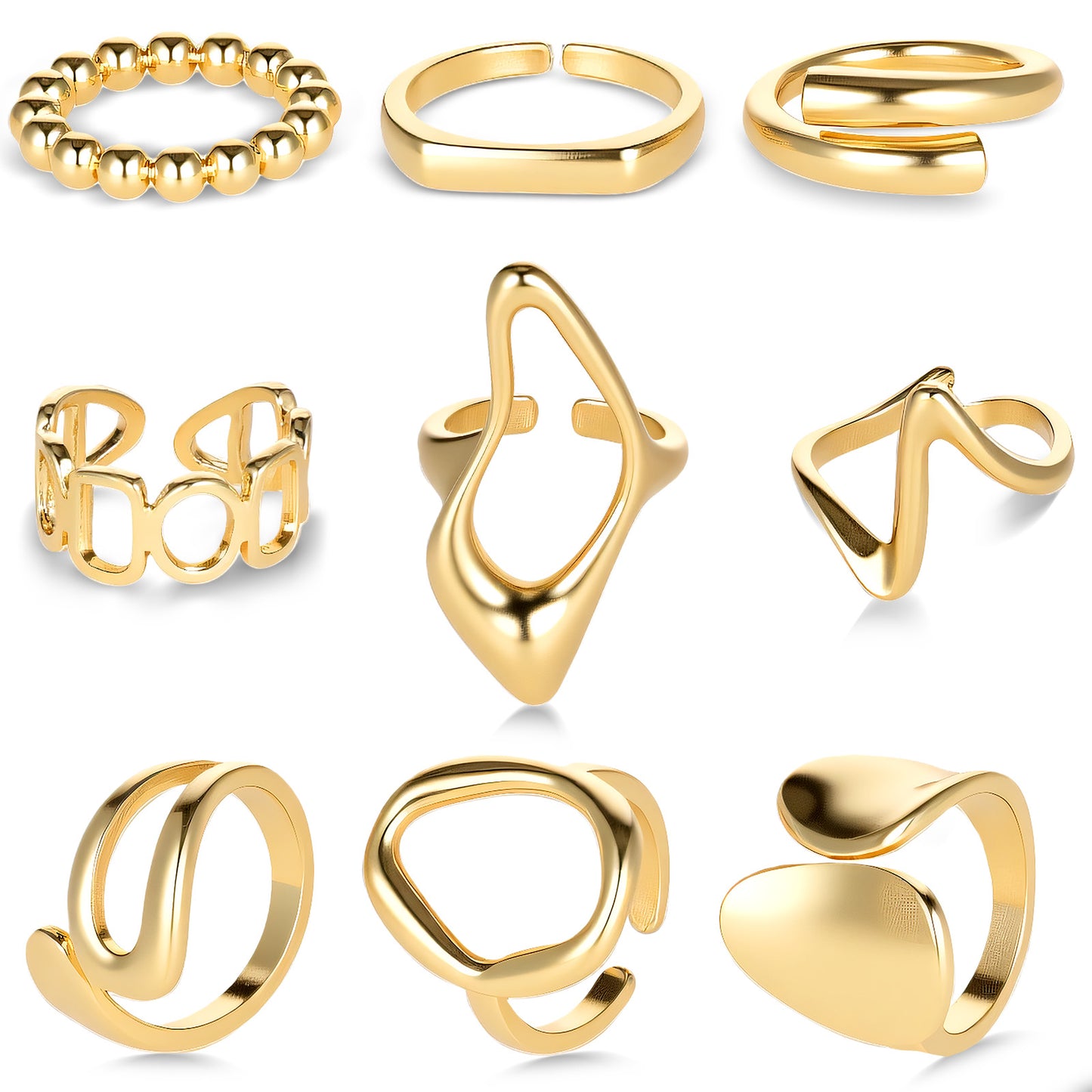 Wanmu 9 Pcs Gold Rings for Women, Adjustable Stackable Chunky Rings Set, 18K Plated Vintage Knuckle Thumb Ring, Statement Trendy Stuff Jewelry Gift, Non-Tarnish