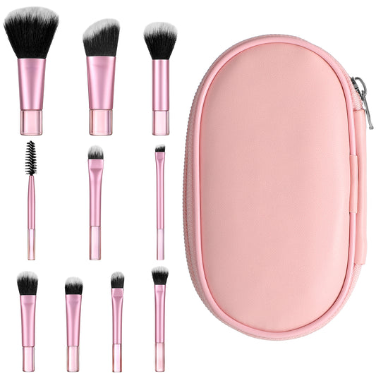10 Pcs Mini Travel Makeup Brush Set With Pink Pouch Portable Cosmetic Brush Professional Makeup Travel-Essentials kits for Women Foundation Blush Eyeshadow Angled Brow Mascara Concealers Contour