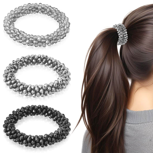 Wanmu 3Pcs Rhinestone Hair Ties, Silver Hair Accessories, Cute Elastic Ponytail Holders, Sparkly Bling Hair Jewelry Scrunchies
