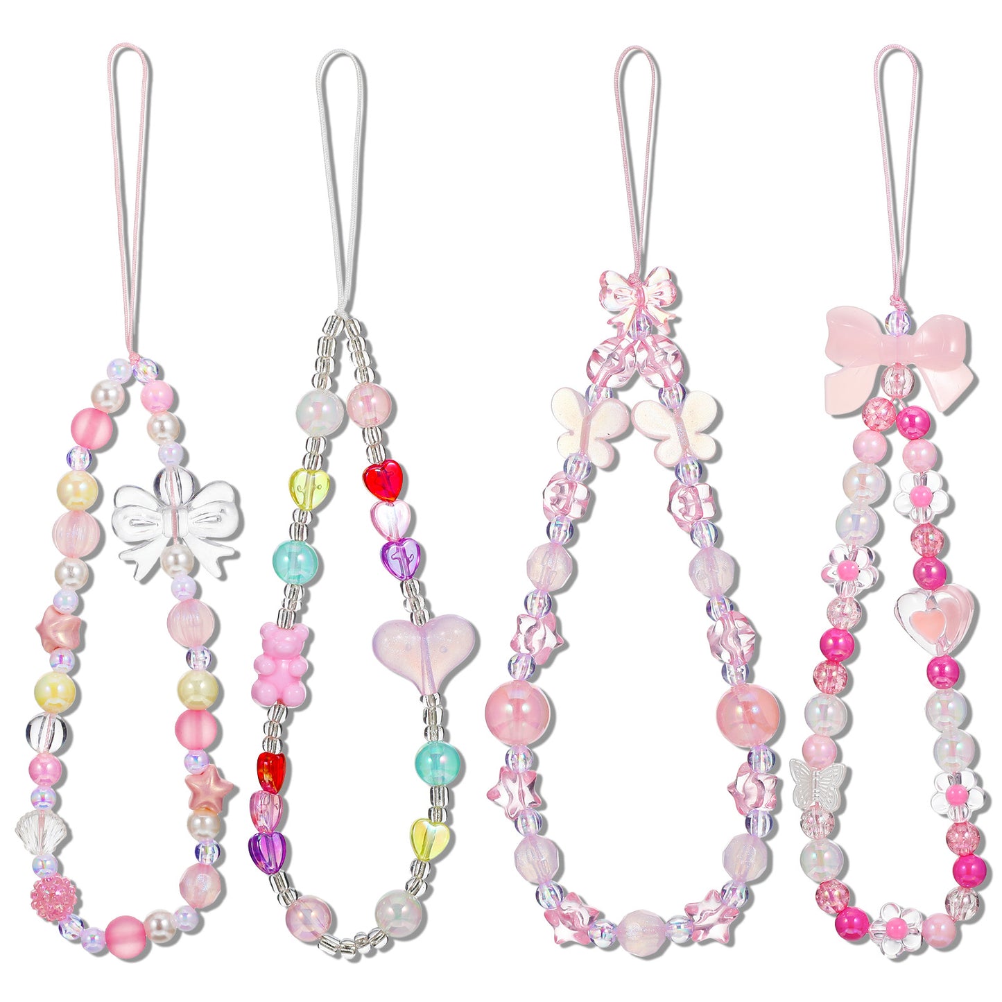 Wanmu 4 PCS Cute Phone Charms, Camera Beaded Wrist Strap, Butterfly Heart Bear Cool Bracelet Cell Keychain, Anti-Theft Esthetic Y2K Charm Lanyard for Women Girls Wallet Bag Pendants Decor,