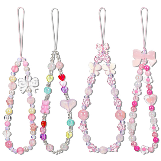Wanmu 4 PCS Cute Phone Charms, Camera Beaded Wrist Strap, Butterfly Heart Bear Cool Bracelet Cell Keychain, Anti-Theft Esthetic Y2K Charm Lanyard for Women Girls Wallet Bag Pendants Decor,
