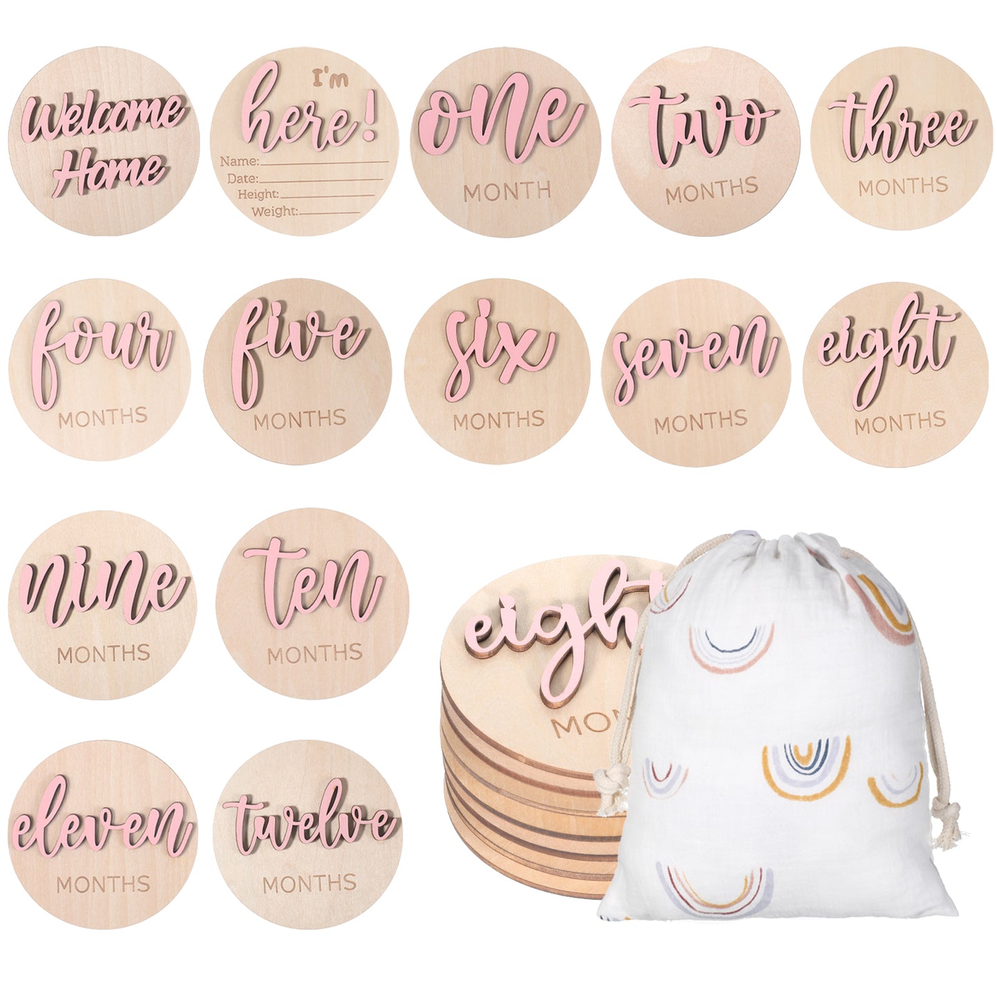 7 Pack 3D Baby Monthly Milestone Card Signs Pink Baby Months Cards Milestone Wooden Circles Double Sided Newborn Announcement Markers Disc for Welcome Newborn Boy Girl Photo Props