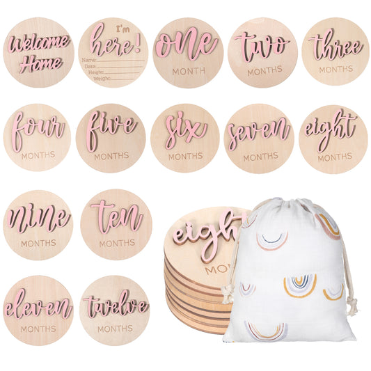 7 Pack 3D Baby Monthly Milestone Card Signs Pink Baby Months Cards Milestone Wooden Circles Double Sided Newborn Announcement Markers Disc for Welcome Newborn Boy Girl Photo Props