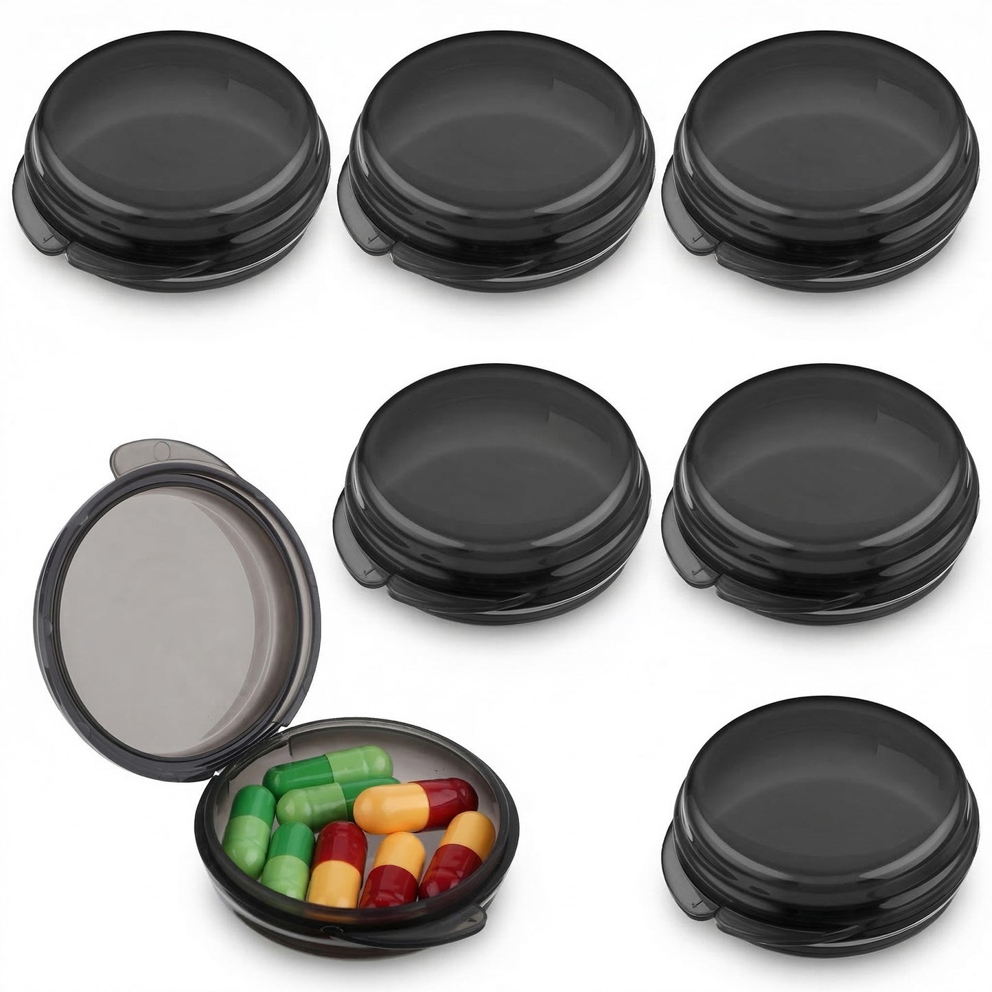 KFHENSOMR 7 Pack Portable Mini Pill Case Small Organizer Box Vitamin Holder Travel Pill Container Medicine Storage Container Daily Round Mini Pill Organizer for Work Home Outdoor (Black)