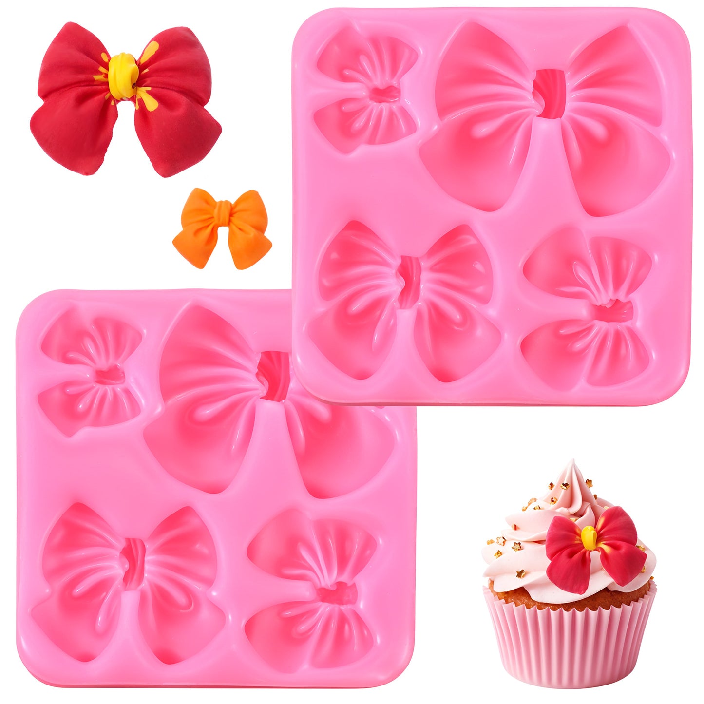 Wanmu 2 Pack Bow Fondant Molds, Silicone Chocolate Cake Pop Mold, Fondant Candy Craft Bow Molds for Cake Decorating, Baking Desserts Clay DIY, Wedding Birthday Party Supplies