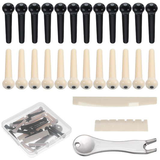 24 Pcs Acoustic Guitar Bridge Pins String Pegs Guitar Bridge Saddle Nut with 3-in-1 Guitar String Winder & Cutter Parts Accessories Puller Remover Replacement Tools Kits