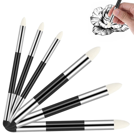 6 Pcs Blending Sponge Pen Artist Double Headed Washable Rubbing Sponge Brush Sketch Wipe Reusable Pastel Blending Stump Drawing for School Student Professional Sketch Lightening Highlight