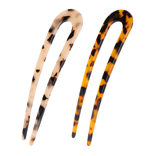 Sibba 2 PCS French Hair Pin Elegant Acetate U-Shaped Hairpins Hair Forks 2 Prong Updo Hairpin Chignon Pins Sticks Tortoiseshell Bun Twist Fork Clips for Women Buns Hairstyle Accessories