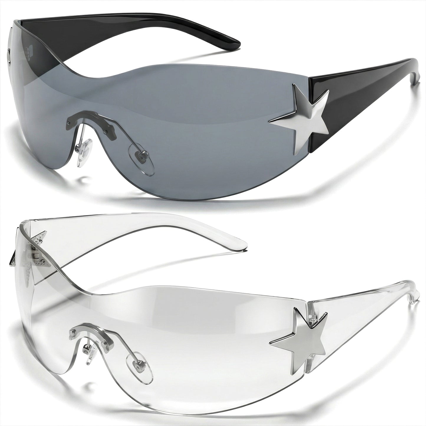 Wanmu 2Pcs Rimless Sunglasses for Women Men, Y2K Fashion Shield Wrap Around Sunglasses, 2000S Cool Oversized Frameless Sun Glasses