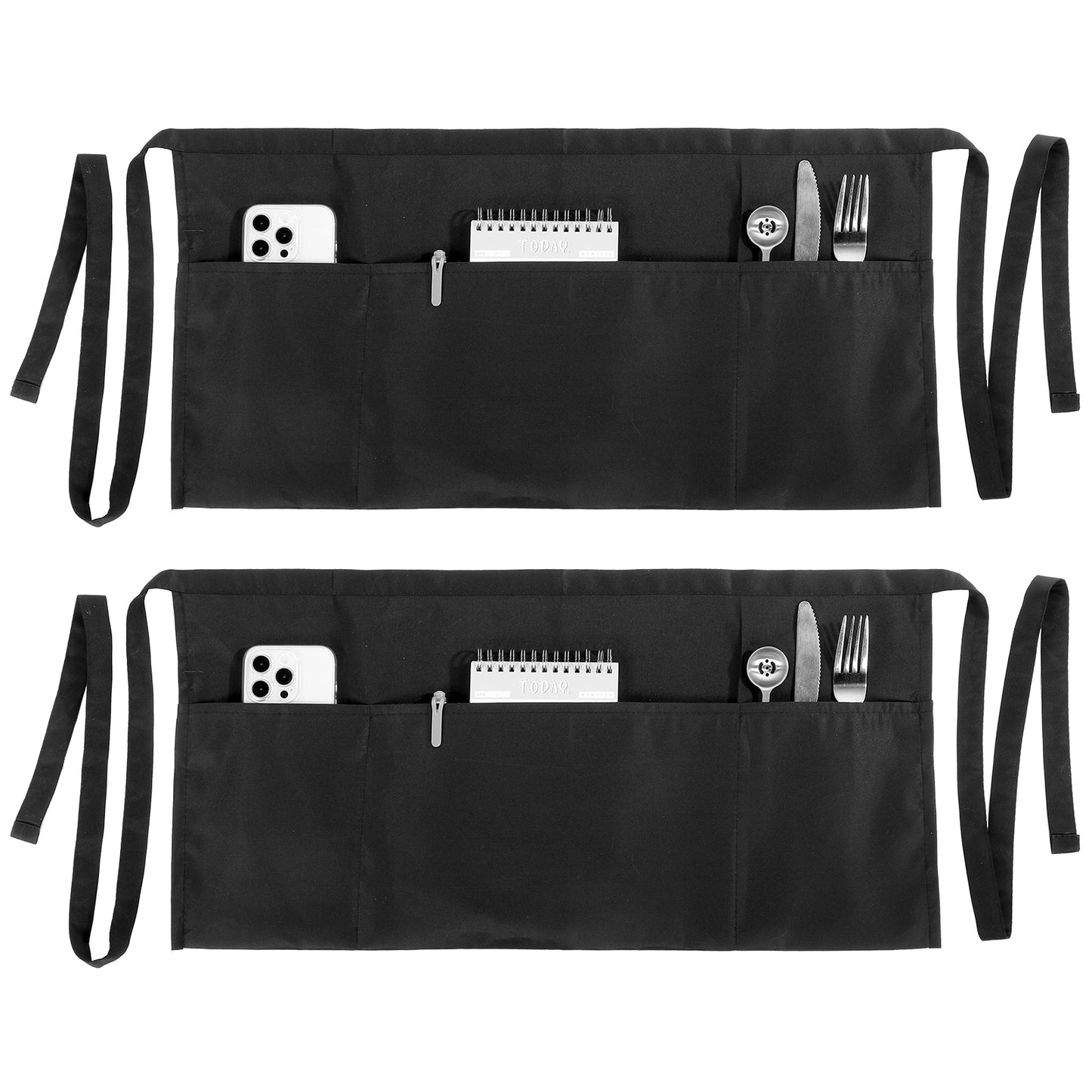 COMNICO Waist Apron with Pockets, 2Pcs Server Aprons with 3 Pockets Black Waterdrop Resistant Premium Waiter Waitress Apron 23 Inch Long Bistro Half Waist Aprons for Women Men
