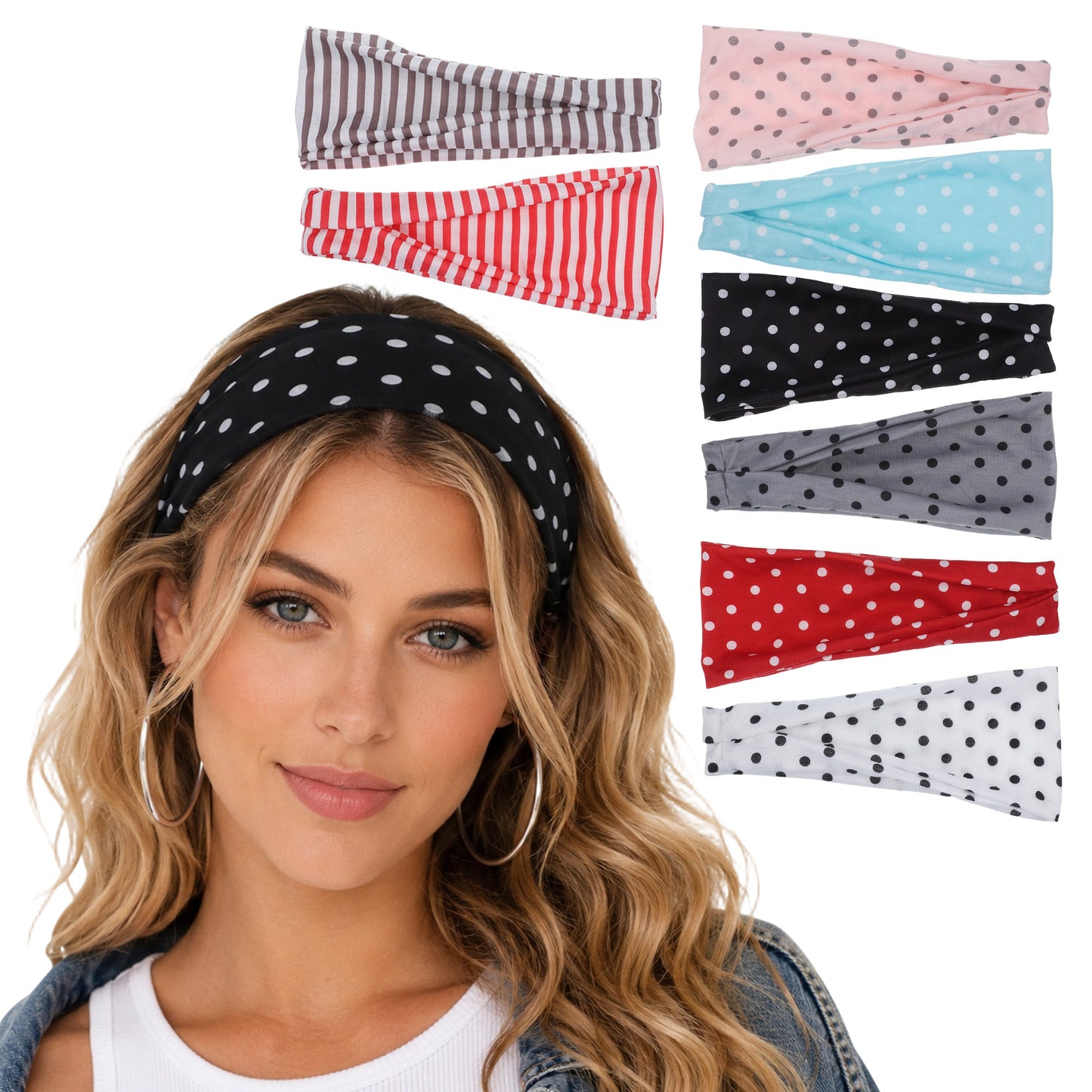 YUXIANLB 8pcs Polka Dot Wide Y2K Headband, Trendy Stripe Non Slip Elastic Soft Fabric Workout Hair Accessories Head Wraps for Women Girls Summer Vacation Music Festival Outfits Yoga Workout