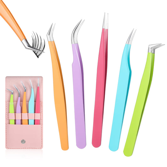 Sibba Eyelash Extension Tweezers 5Pcs High Precision Lash Tweezers Stainless Steel Tip Grip Lash Tweezers Colorful Women Tweezers Sharpen Eyelash Extensions Tweezer Set for Beginner Makeup Lover