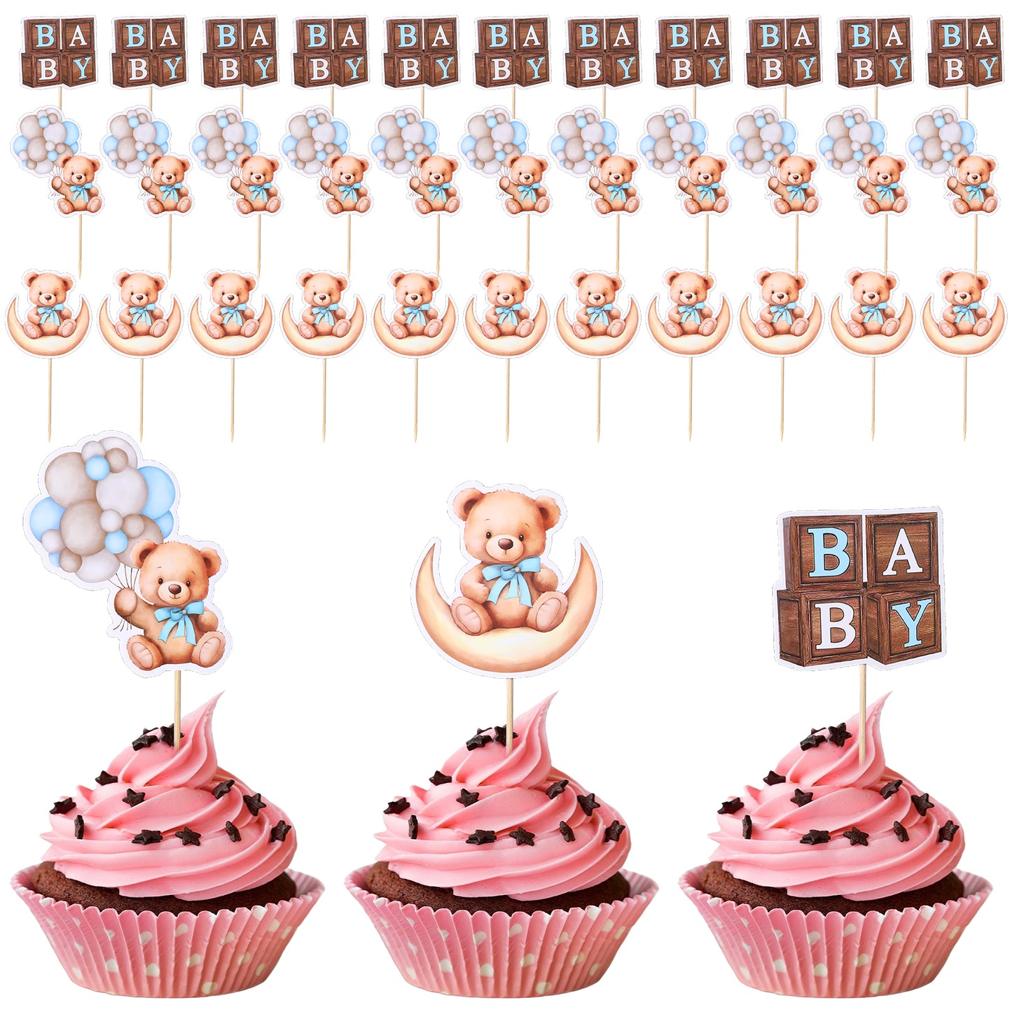 Wanmu 36Pcs Baby Shower Bear Cupcake Toppers, Selection Baby Bear Theme Baby Bear Cake Decorations, Jungle Animal Theme Baby Shower Birthday Party Cake Decorative, Baby Shower Birthday Supplies