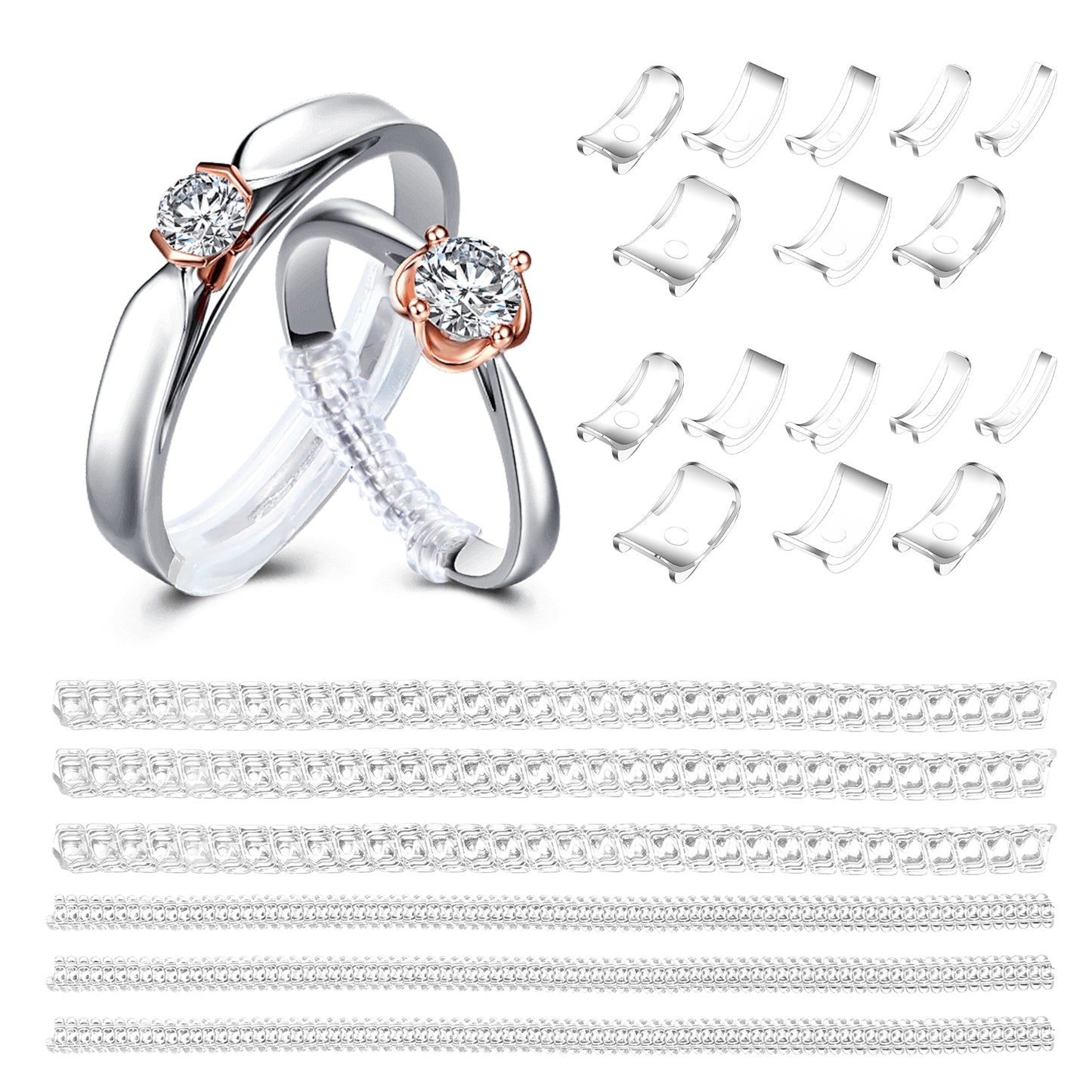 Wanmu 22Pcs Ring Sizers for Loose Rings, 2 Styles Invisible Ring Size Adjuster for Women - Keep Rings From Spinning, Silicone Clear Ring Resizer, 16 Inserts 8 Sizes, 6 Spirals 2 Sizes for Almost Ring