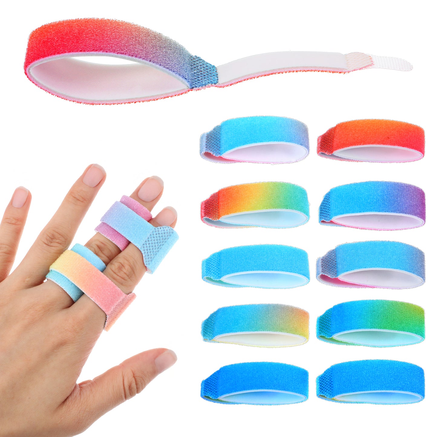 KFHENSOMR 10 Pack Buddy Tape for Broken Toe Reusable Buddy Tape Finger Straps Washable Hook and Loop Buddy Loops for Fingers Support Injured Jammed Swollen (Colorful)