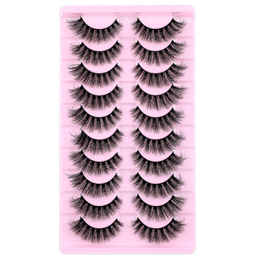 COMNICO False Eyelashes, 10 Pairs 6D Mink Lashes Natural Curl Wispy False Eyelashes Fluffy Strip Lashes Soft Looks Like Eyelash Extension for Women Girls