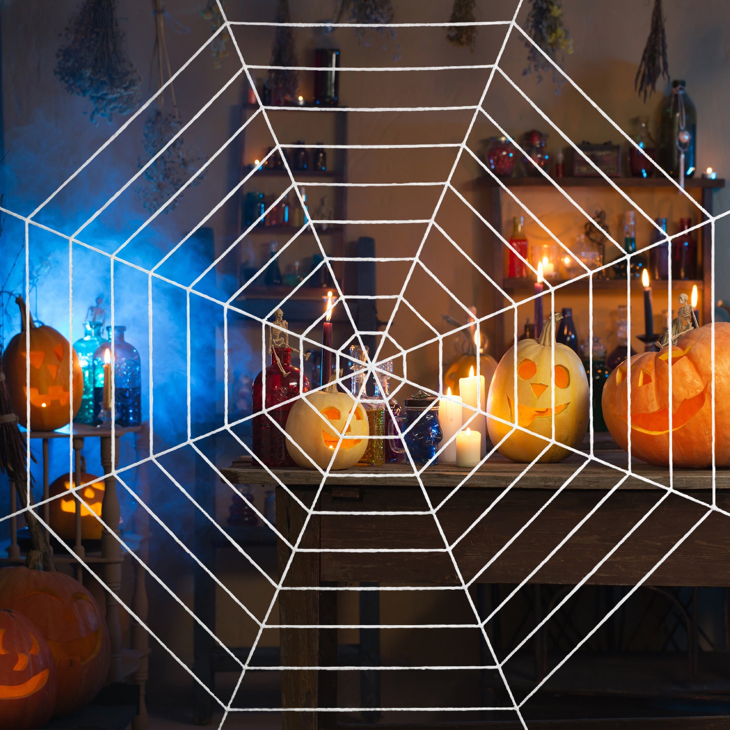 FNANJWQ 12 FT 9-Ring Spider Web Halloween Decorations Rope Fake Spider Web