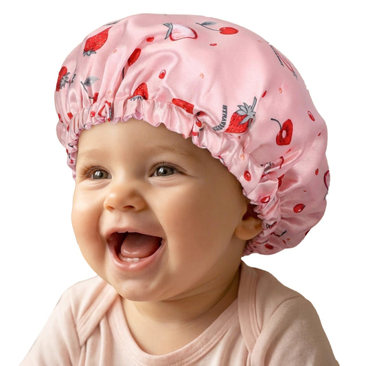 Sibba Baby Satin Bonnet Silk Hair Bonnets for Sleeping, Soft and Skin-Friendly sleep Cap for Girls Boys Elastic Wide Band, Strawberry
