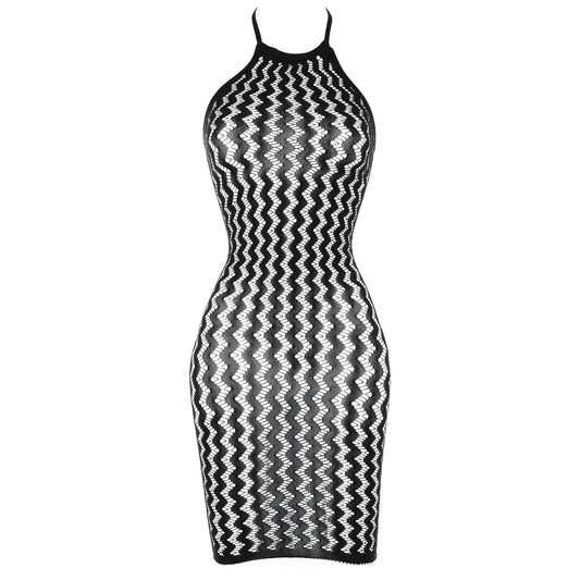 Qianyu Women's Fishnet Lingerie Dress Bodycon Halter Outfits Sexy Hollow Out See Through Sleeveless Mesh Naughty Bodysuit Dresses Black Chemise Beach Cover Up Dress