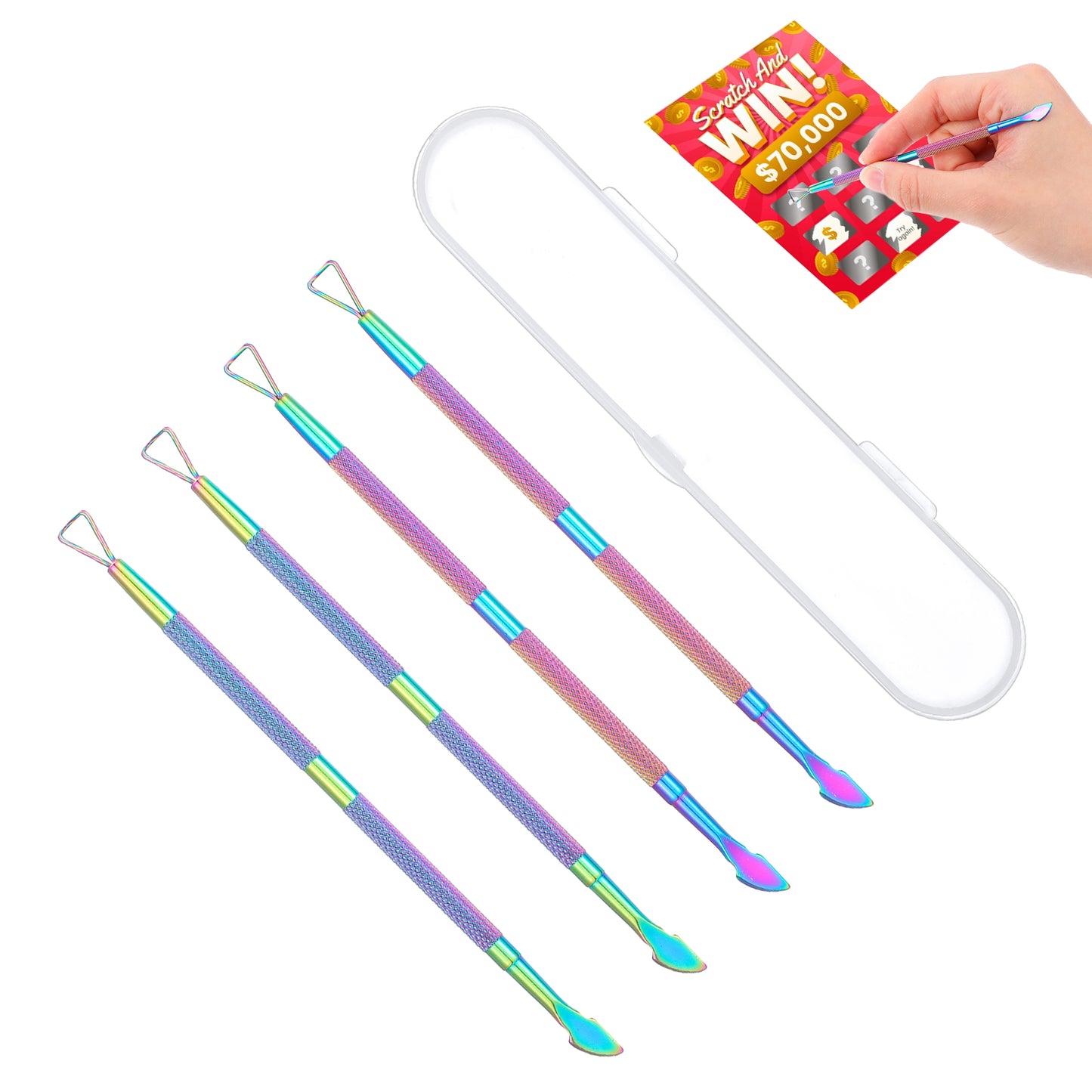 Wanmu 4 Pcs Lottery Ticket Scratcher Tool, Metal Lottery Scratcher, Scratch Off Tool, Lotto Scratcher Label Scraper for Lottery Ticket, Back Scratcher Metal Scraper Tool with Case, Rainbow