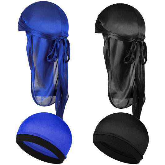 Wanmu 4Pcs Kids Silky Durag with Wave Caps Set, Silky Satin Durag Extra Long Tails, Long Tail and Wide Strap Headwraps, Wide Straps Waves