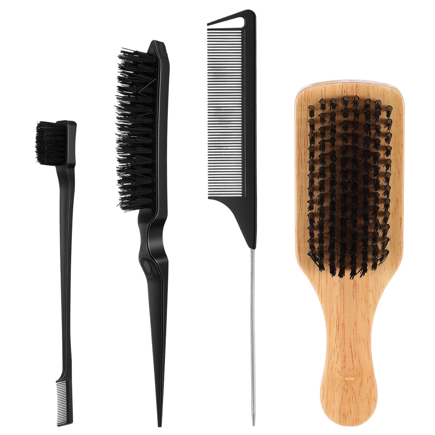 Wanmu 4 Pcs Curly Defining Brush, 2-Sided Boar Bristle Hair Brush for Combing Shaping Curls, Slick Back Hair Brushes for Men Women Girls Kids Toddlers Sleek Ponytail Bun, Detangling Smoothing