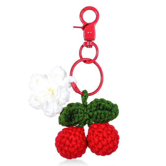 COMNICO Cute Cherry Car Mirror Hanging Ornament, Car Rear View Mirror Interior Pendant Accessories Hand Knitted Crochet Car Decor for Women Girls(Cherry Blossom)