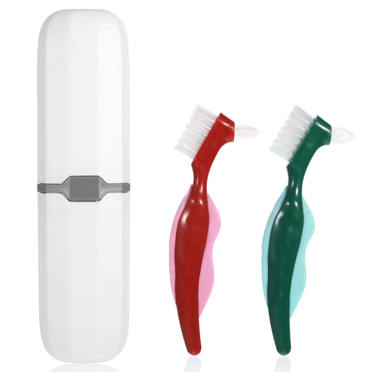 2 Pcs Denture Brush Multi-Layered Hard Bristles Toothbrush Portable Dental Cleaning Tools Double Sided Retainer Brushes with Case for Travel Camping Outdoor Gym Dental Care