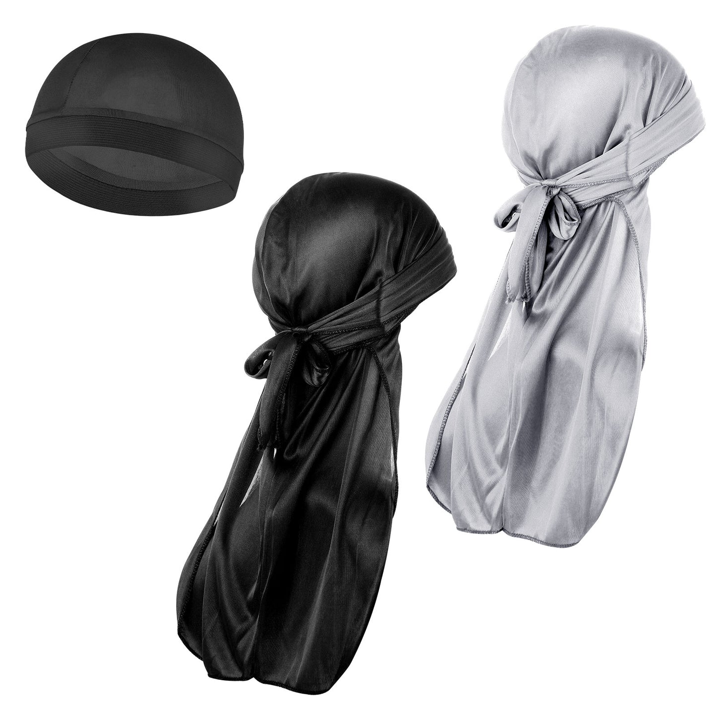 WLLHYF 3 Pieces Silky Durag Caps Elastic Wave Cap Headwraps Dome Long Tail Hair Cap Sweat Wicking Hat Breathable and Comfortable Headwrap Hat Shower Cap for Men Women Black