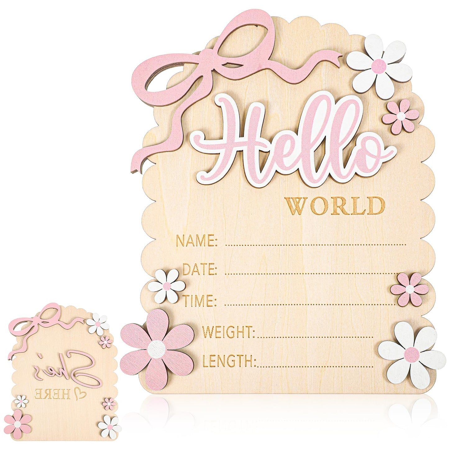 QFGasre Baby Announcement Sign Hello Worlds Newborn Sign Wooden Birth Announcement Signs She’s Here Card for Newborn Photo Props Welcome Babies Shower Hospital Nursery Decor Double-Sided