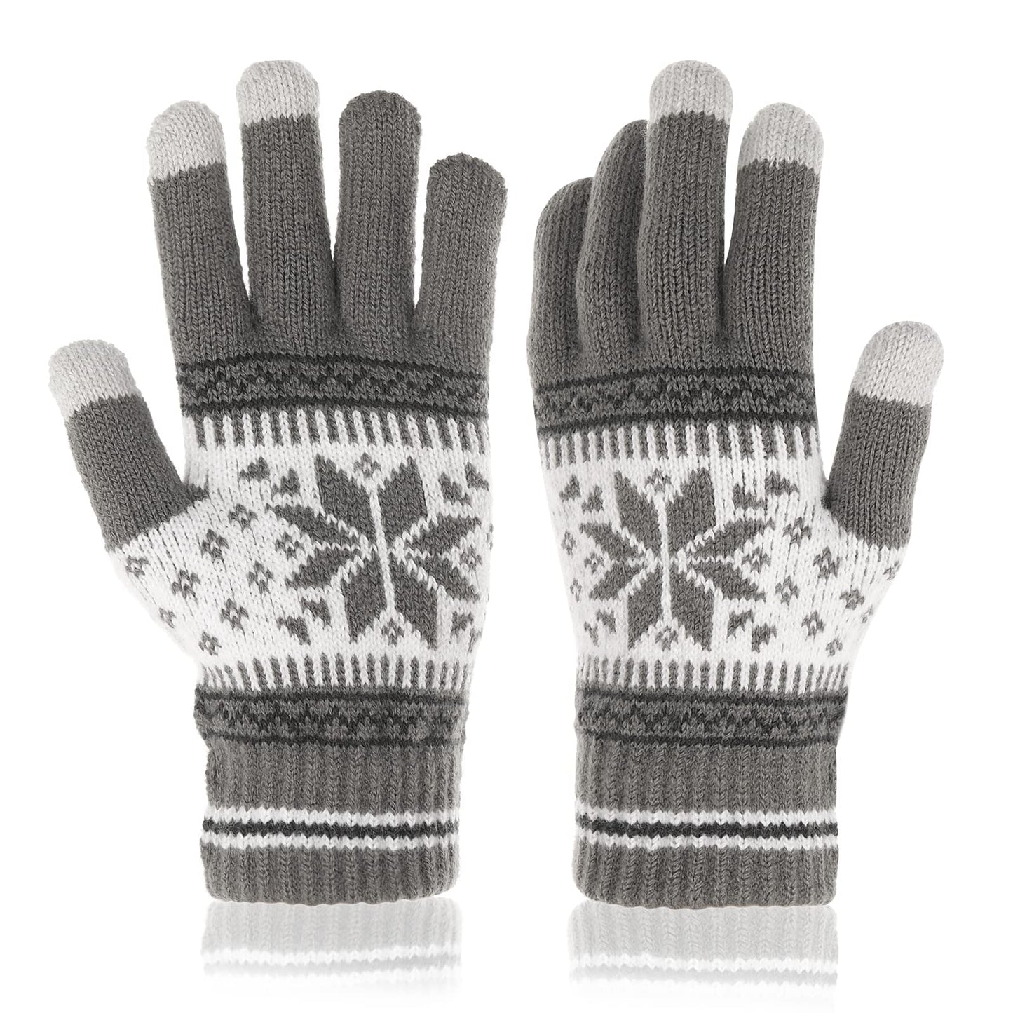 WLLHYF 1 Pair Winter Touch Screen Gloves，Snow Flower Printing Winter Thick Knitted Gloves Texting Mittens Warm Touchscreen Mittens for Women Men Christmas Gifts