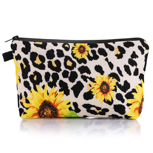 Sibba Canvas Cosmetic Make Up Bag Handbag Mini Pouch Purse Zipper Pencil Case Toiletry Organizer Storage Pockets Beauty Makeup Travelling Accessory for Woman Girls (Leopard Sunflower)