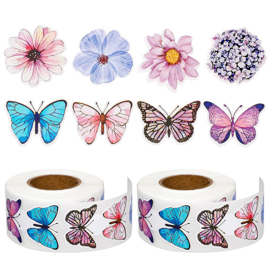 Dimeho 1000 Pcs Assorted Butterfly Flower Stickers Rolls Colorful Spring Floral Paper Butterfly Decals Cute Self-Adhesive Decorative Sticker for Scrapbooks Envelopes Party Supply Decoration
