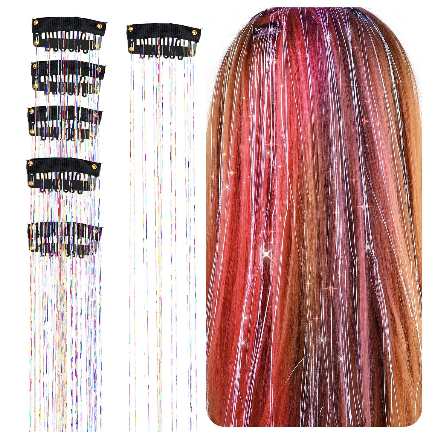 Clip in Hair Tinsel Kit, 6Pcs Heat Resistant Glitter Tinsel Hair Extension with Clips, Shiny Tinsel Hair Extensions Sparkle Festival Dazzle Hair Accessories for Party, Christmas, Halloween, Cosplay