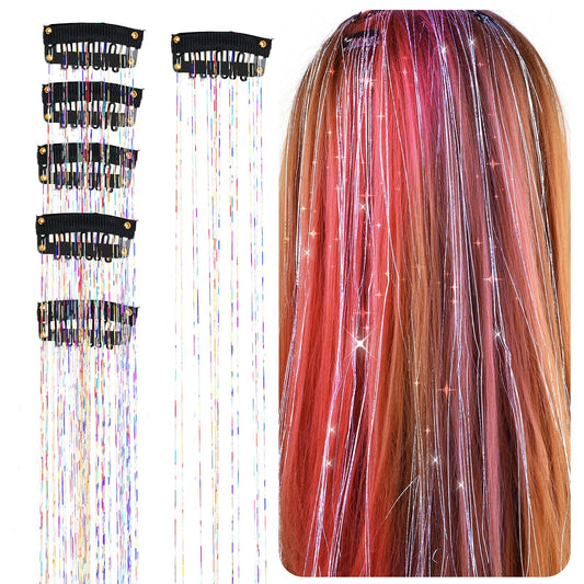 Clip in Hair Tinsel Kit, 6Pcs Heat Resistant Glitter Tinsel Hair Extension with Clips, Shiny Tinsel Hair Extensions Sparkle Festival Dazzle Hair Accessories for Party, Christmas, Halloween, Cosplay